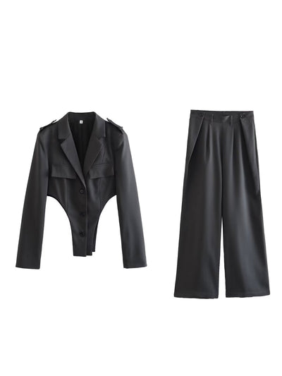 Black Blazer Cutout Bodysuit & High Waist Pants Coord Set