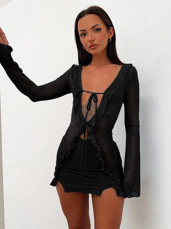 V Neck Ruffle Long Sleeves Bodycon Short Dress