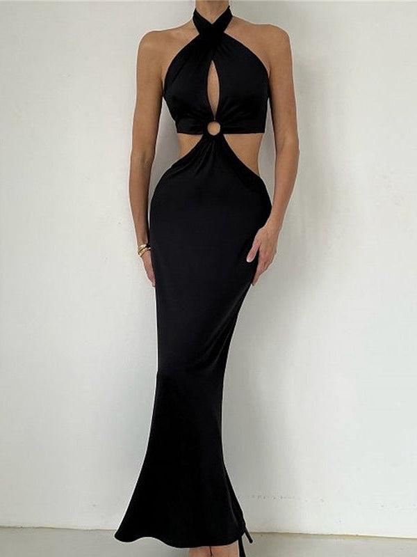 Halterneck Cutout Backless Strap Maxi Dress