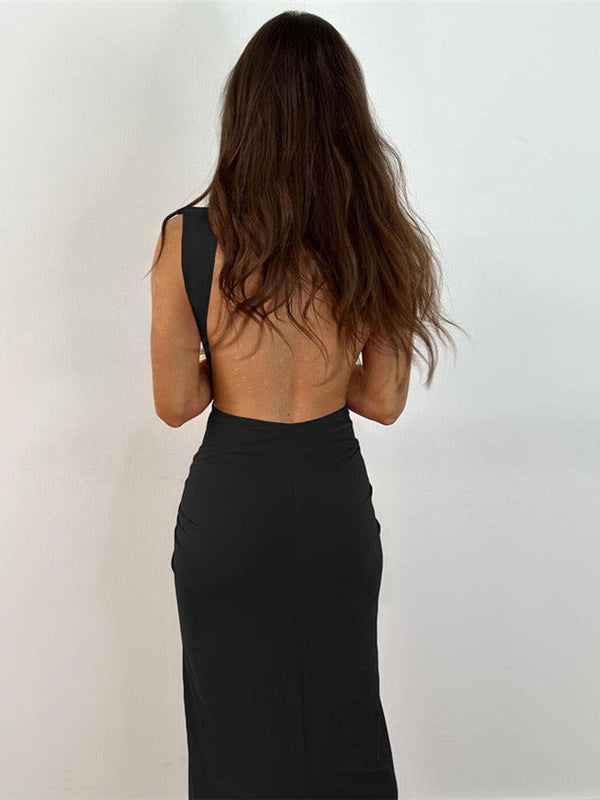 V Neck Ruched Cutout Backless Split Dress