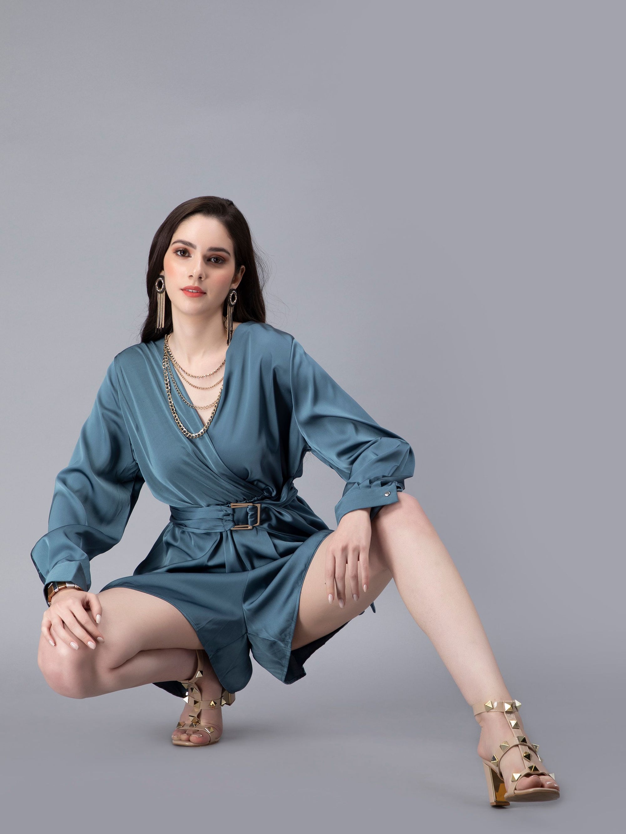 Satin Romper Wrap Dress with Belt