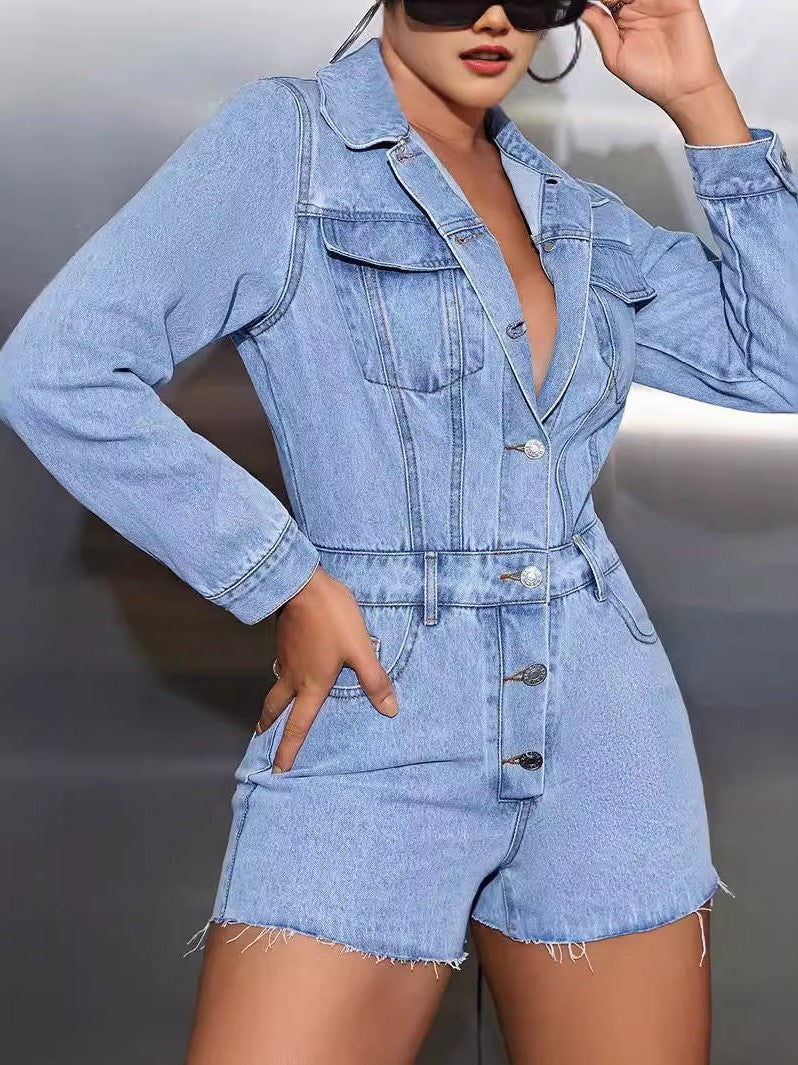 Pocket Collar Long Sleeves Denim Romper
