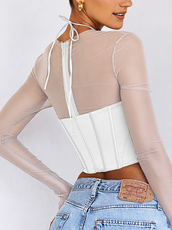 Hollow Out Mesh Sleeves Boning Corset Top