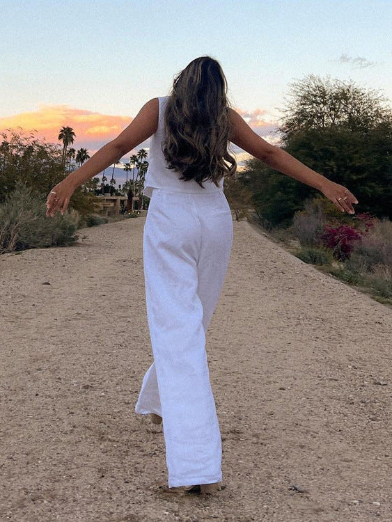 White Vest Waist Coat & Wide Leg Pants Coord Set