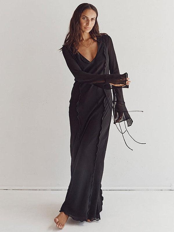 Low Cut Bell Sleeve Lace Long Mesh Dress