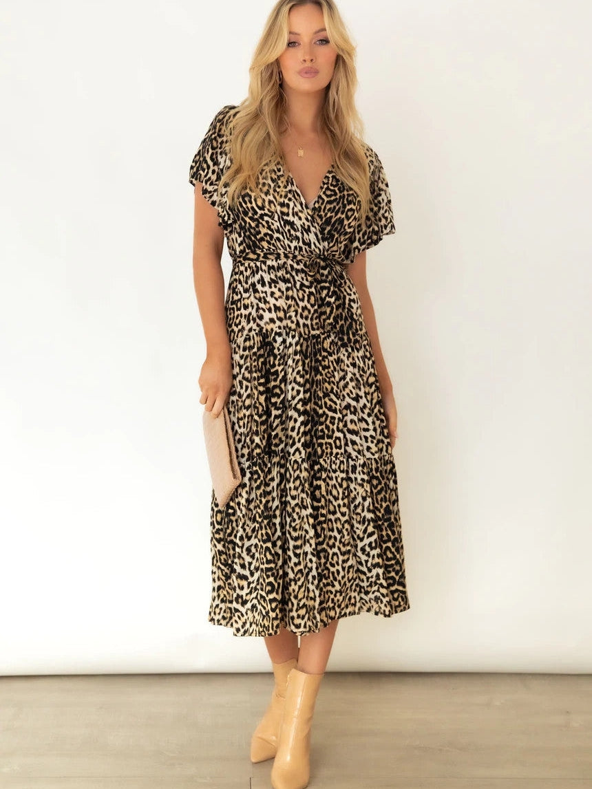 Animal Print V Neck Belted Dress
