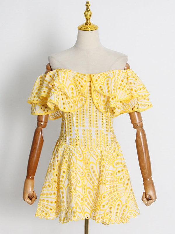 Off-shoulder pale yellow cotton dress with layered ruffle neckline, eyelet embroidery, and short scalloped hem.