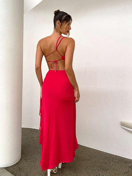 Oblique Shoulder Asymmetric Ruffled Split Cutout Dress