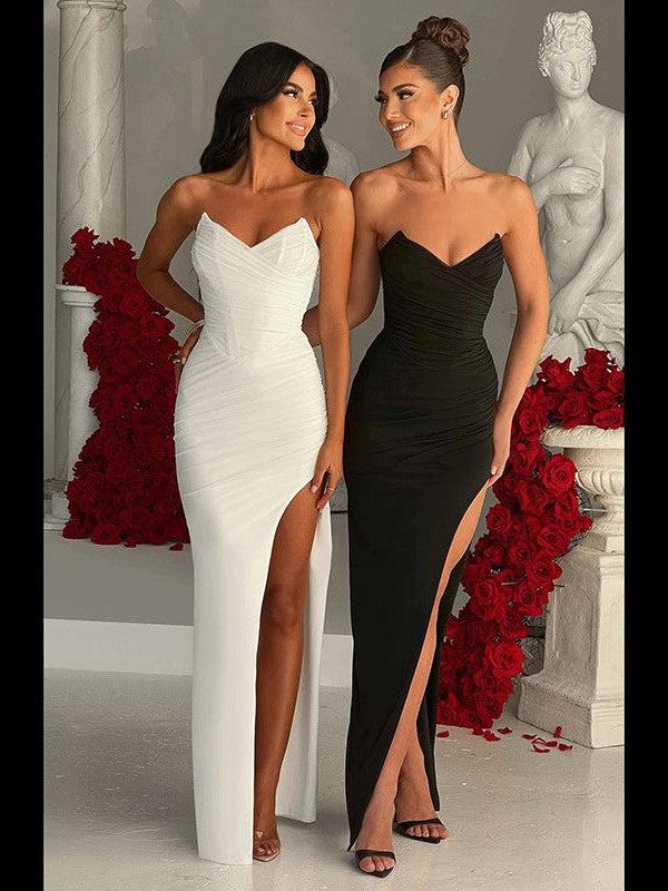 Ruched Corset Tube Top Sheath Slit Dress