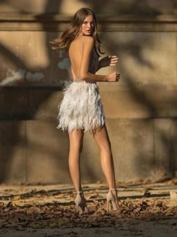 V Neck Studded Sequin Feather Dress
