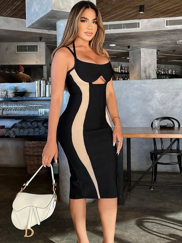 Contrast Patchwork Cutout Sling Dress