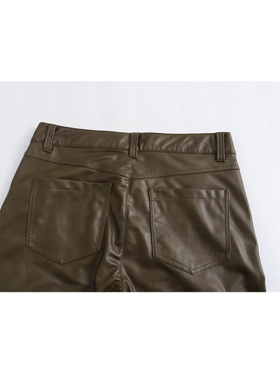 PU Leather Cargo Olive Green Pants
