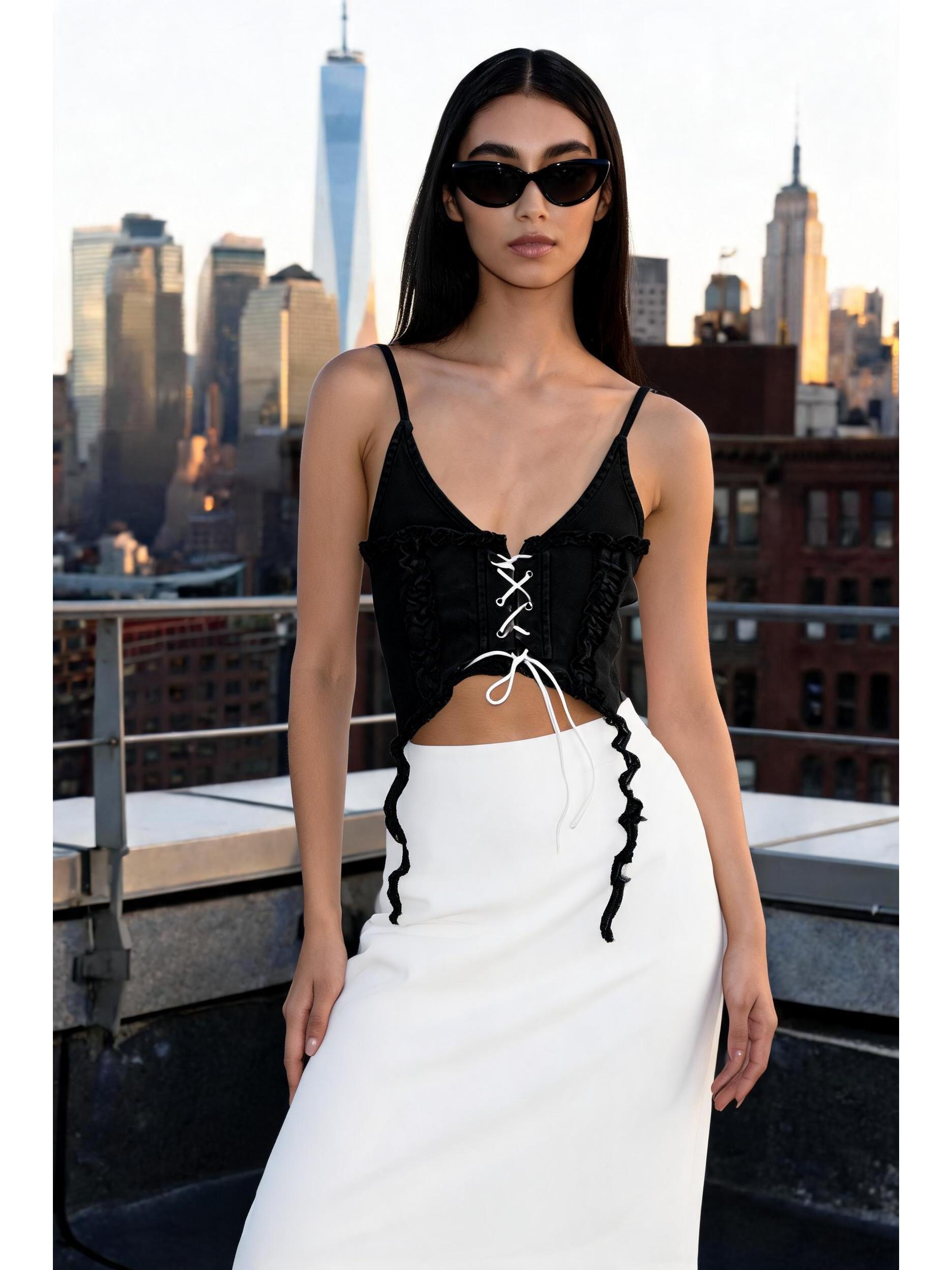 Lace-up Spaghetti-Strap Denim Top by Exclusives, black with front lace-up detail