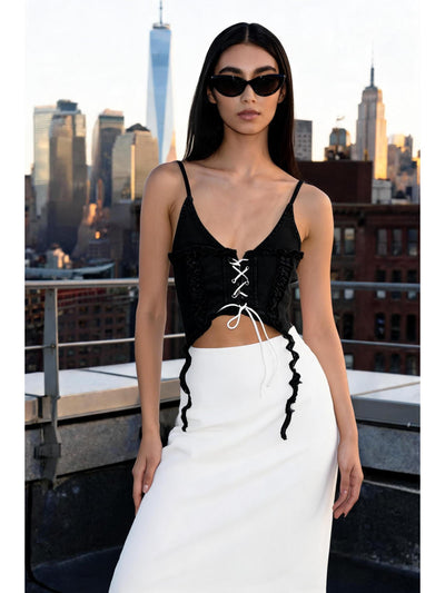 Lace-up Spaghetti-Strap Denim Top by Exclusives, black with front lace-up detail