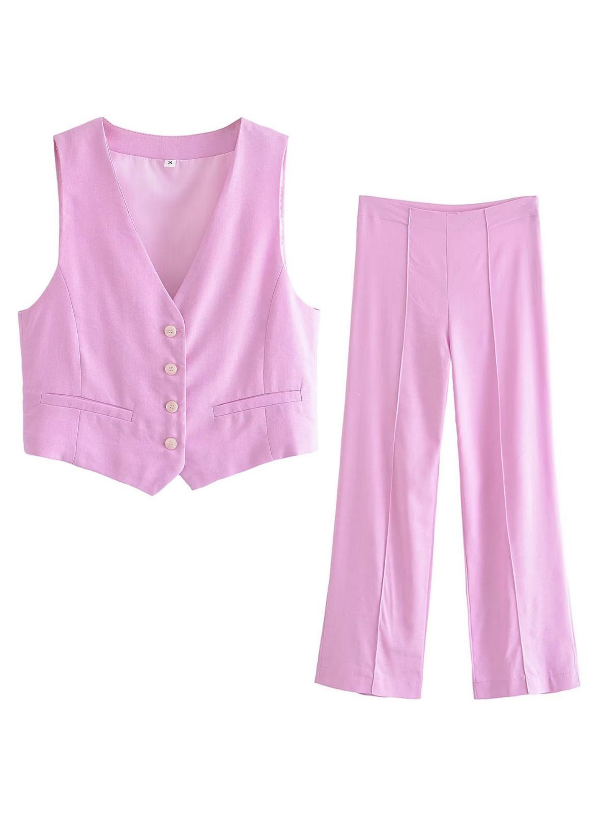 Pastel pink waistcoat vest with V-neck and four buttons, front welt pockets; matching high-waisted wide-leg pants.