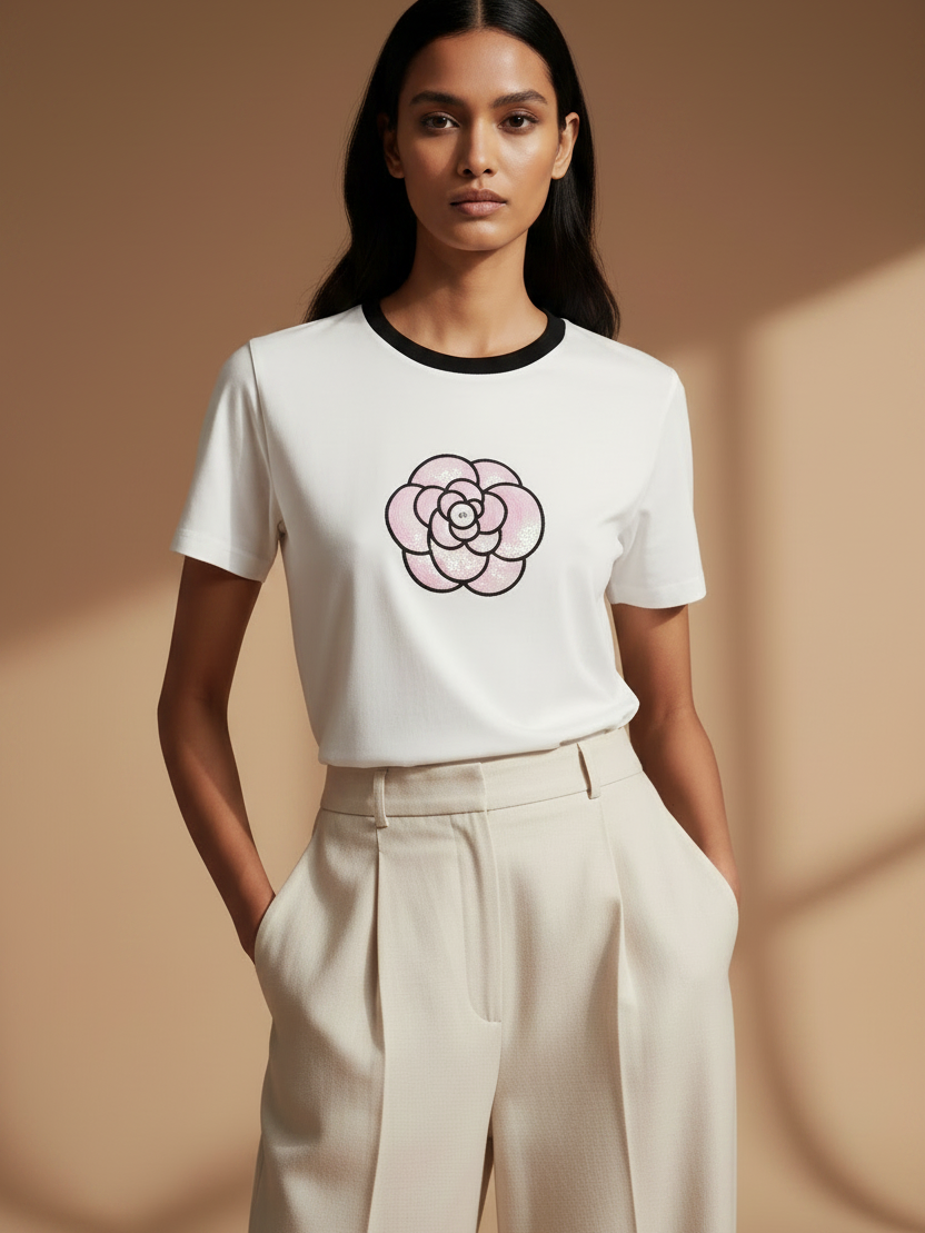 Print Cotton Lycra Flower CH T-Shirt, white with pink flower graphic, short-sleeve top