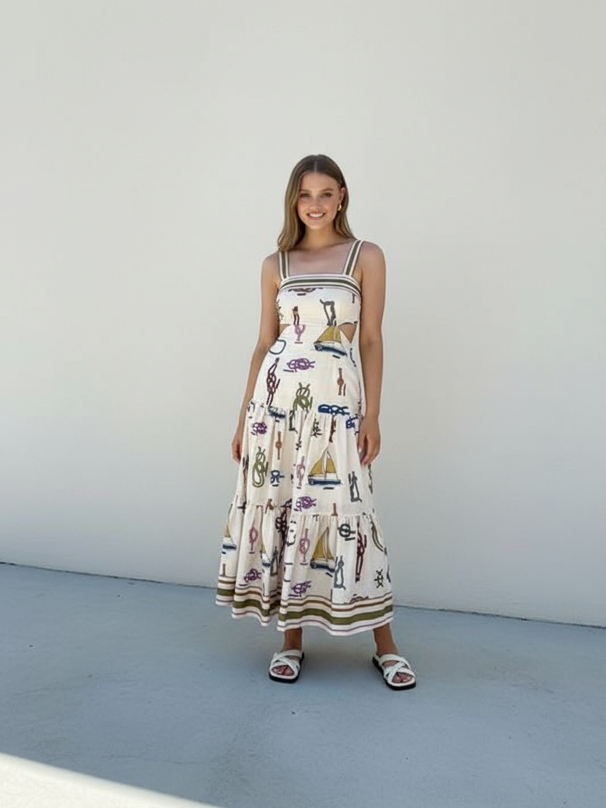 Beach Print Cutout Sundress Maxi Dress