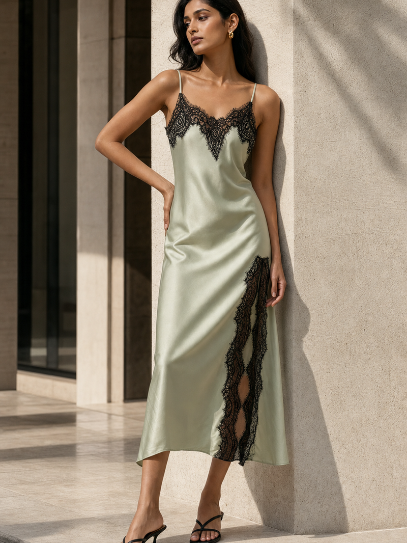 Contrast Lace Trim Slip Midi Dress - Contrast Lace Trim Slip Midi Dress -