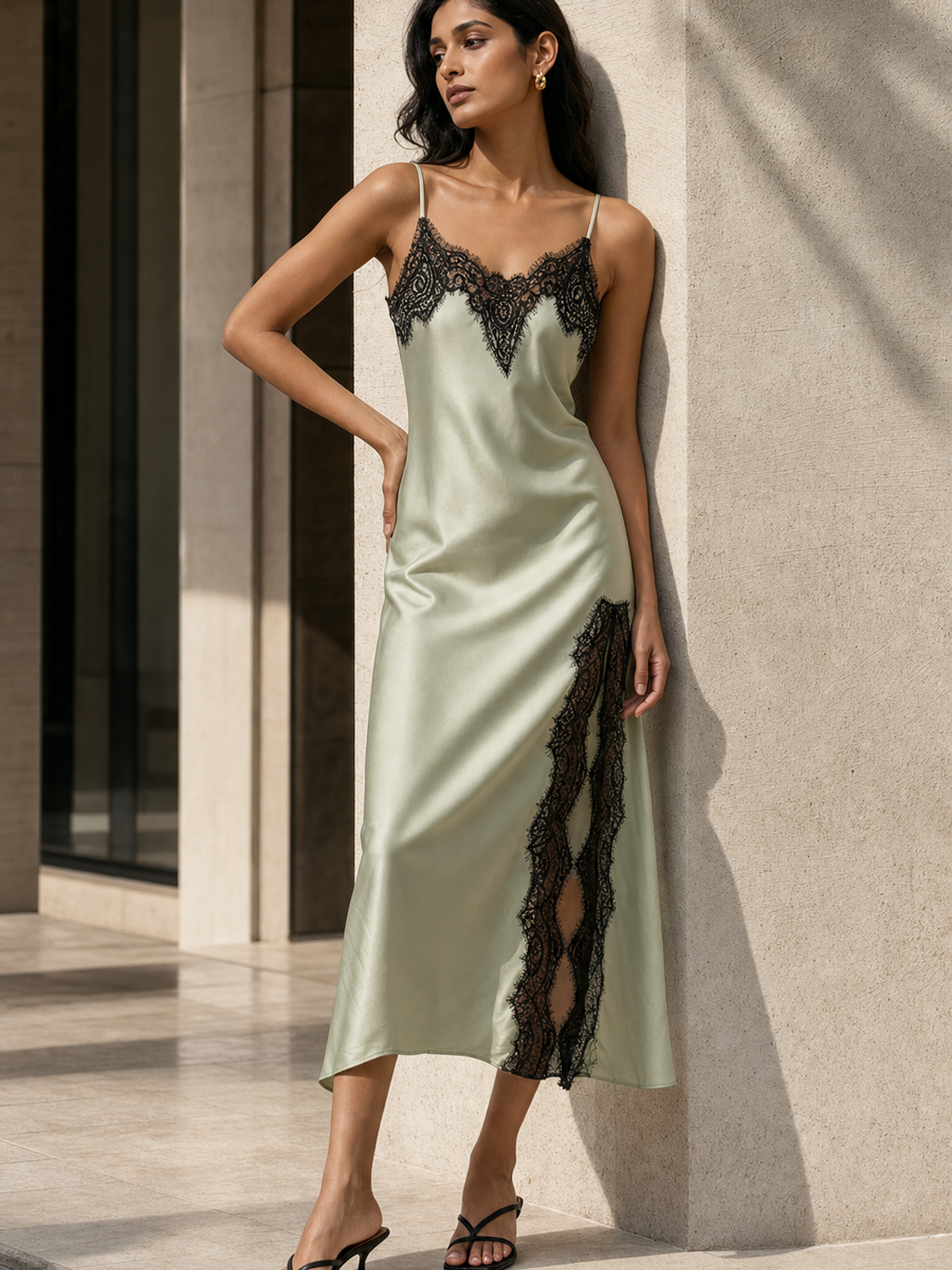 Contrast Lace Trim Slip Midi Dress by Exclusives; sage satin with black lace trim and spaghetti straps