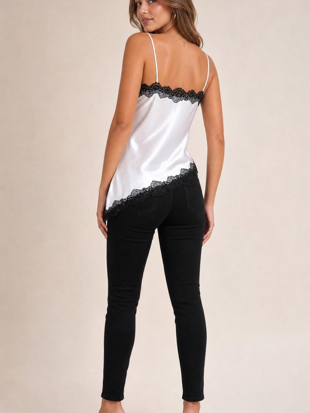 Serene Glow Lace Camisole Top in white satin with black lace trim along neckline and hem; back view on model.