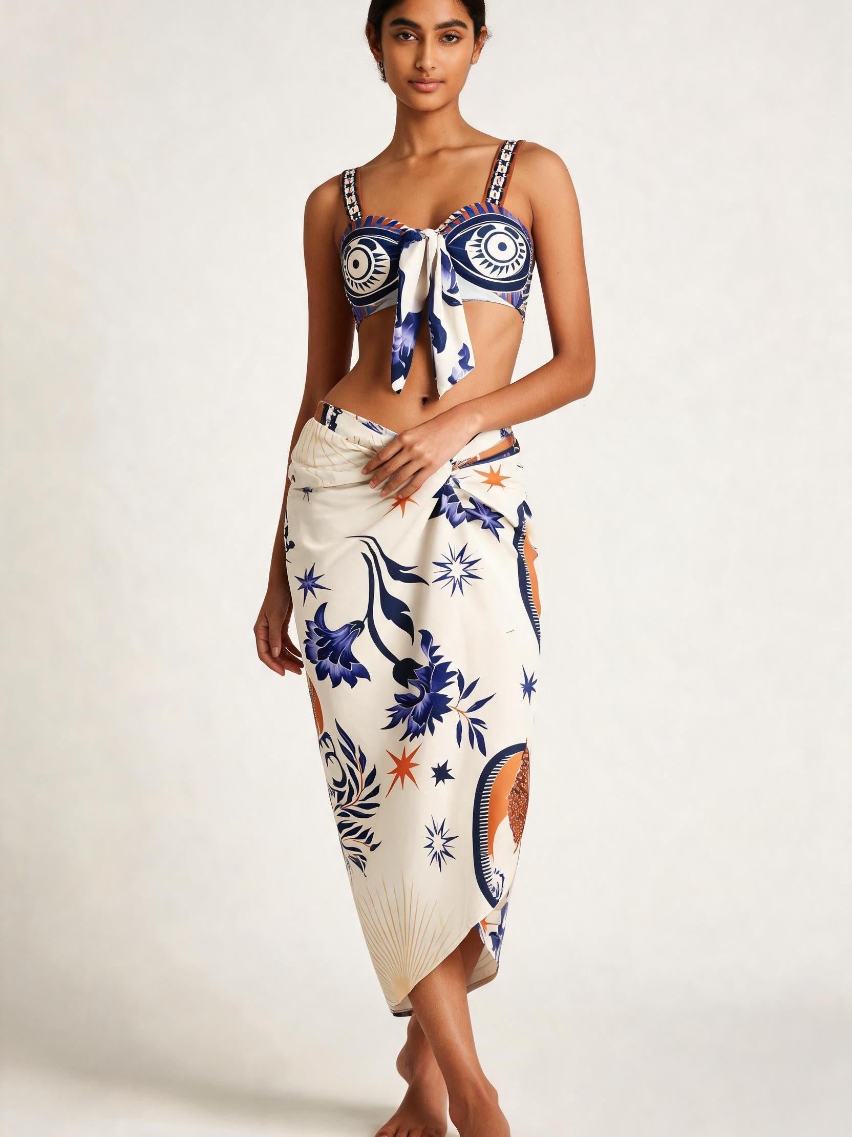 Boho print bikini set with lace-up front top and matching skirt by Swimwears