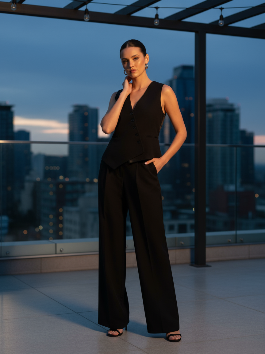 Black & White Cross Vest & Wide Leg Pants Coord Set