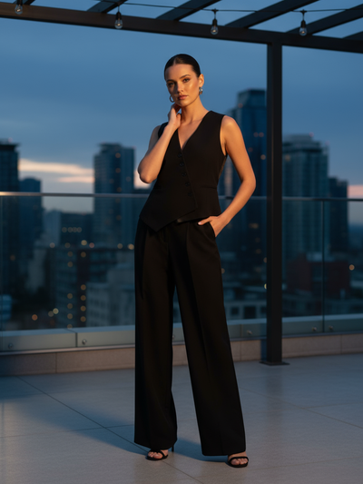 Black & White Cross Vest & Wide Leg Pants Coord Set