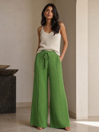 Wide Leg Knitted Stripe Pants in green by EXCLUSIVES with drawstring waist