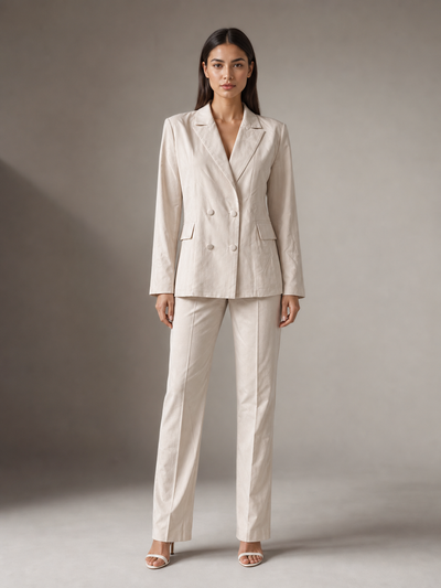 Apricot blazer and pants coord set by Exclusives, double-breasted beige tailored suit.