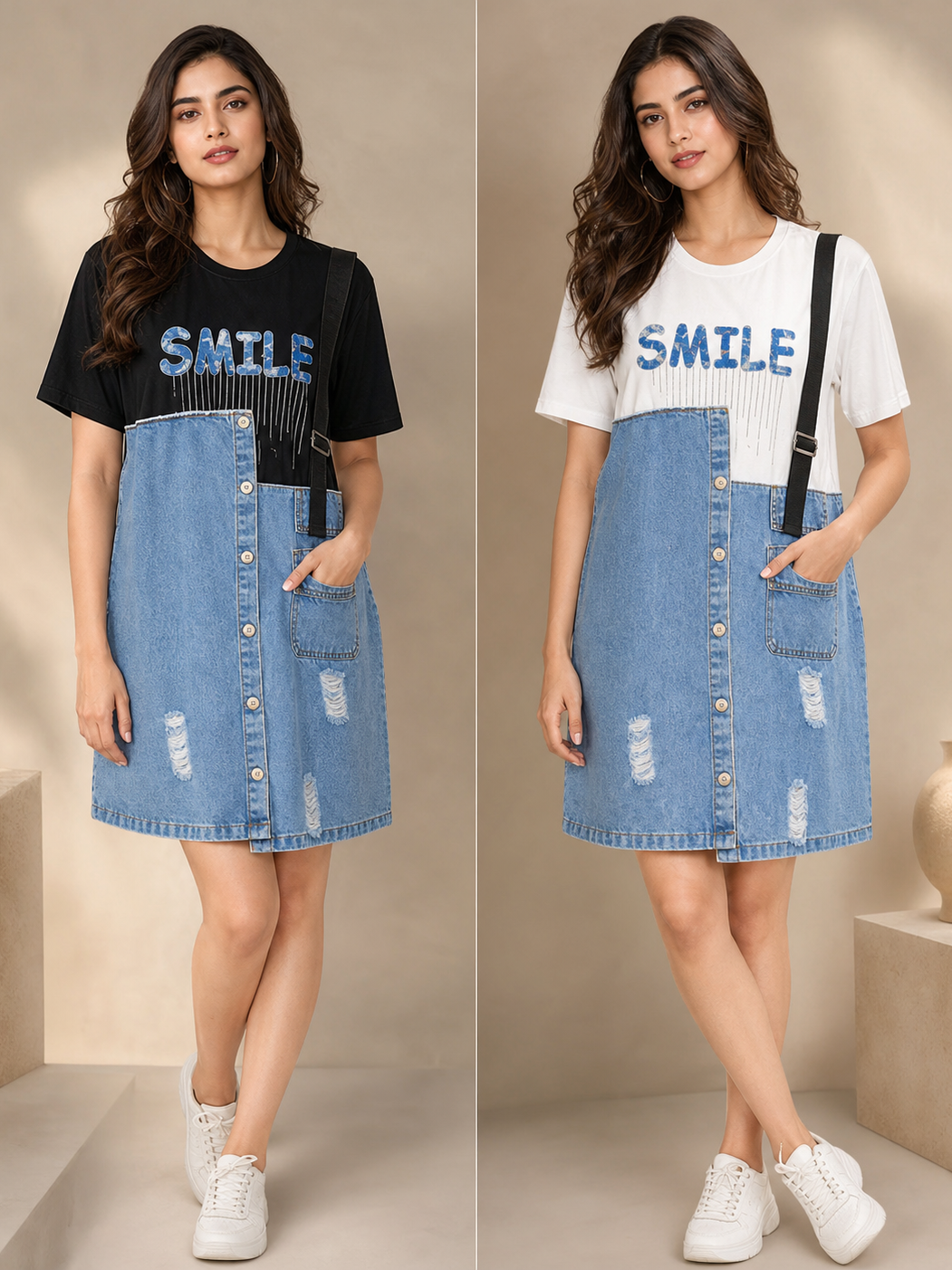 EXCLUSIVES rhinestone oversized denim T-shirt dress; two looks shown with black and white tees, front button placket.