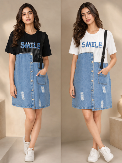 EXCLUSIVES rhinestone oversized denim T-shirt dress; two looks shown with black and white tees, front button placket.