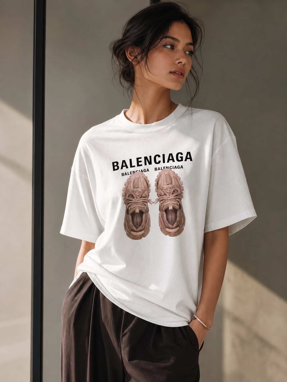 T-shirt with Balenciaga graphic print of brown sneakers on white cotton-lycra, oversized fit