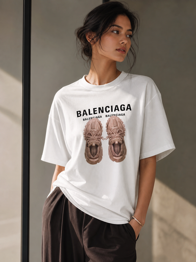 T-shirt with Balenciaga graphic print of brown sneakers on white cotton-lycra, oversized fit