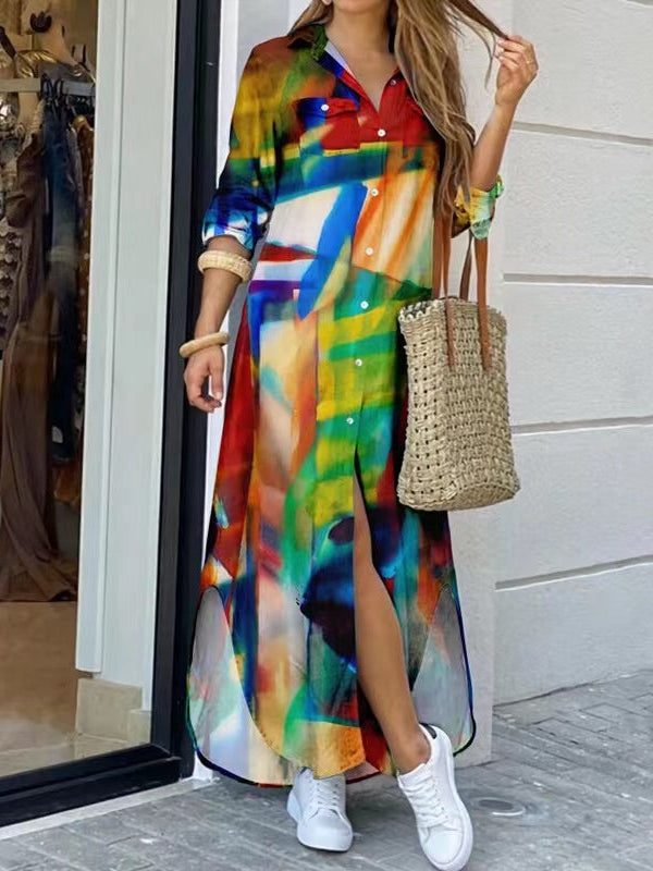 Blue Long Shirt Loose Dress with Short Slit