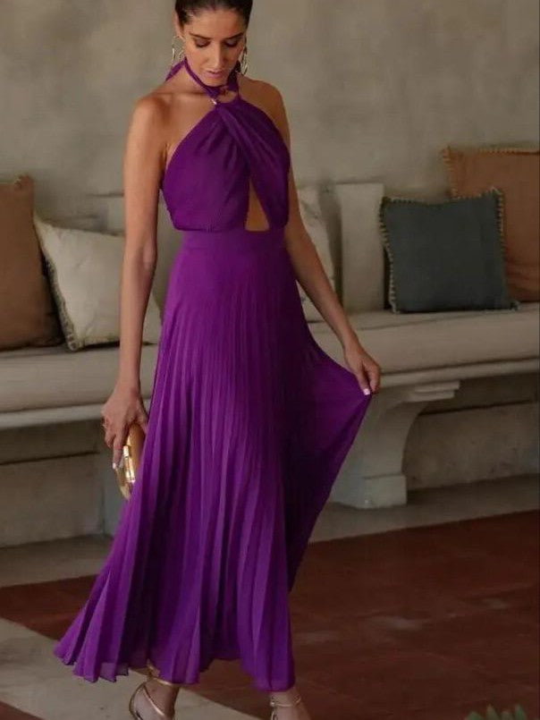 Halterneck Pleated Hollow out Purple Dress