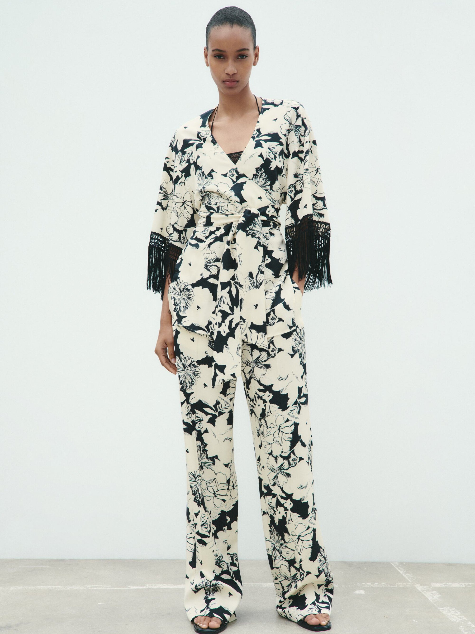 Tassel Sleeves Kimono Knotted Top & Wide Leg Pants Coord Set