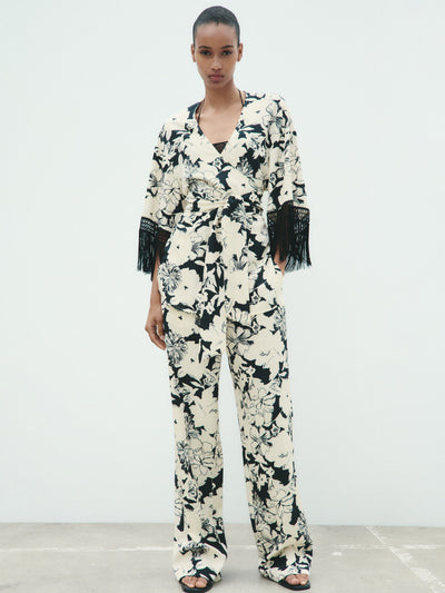 Tassel Sleeves Kimono Knotted Top & Wide Leg Pants Coord Set