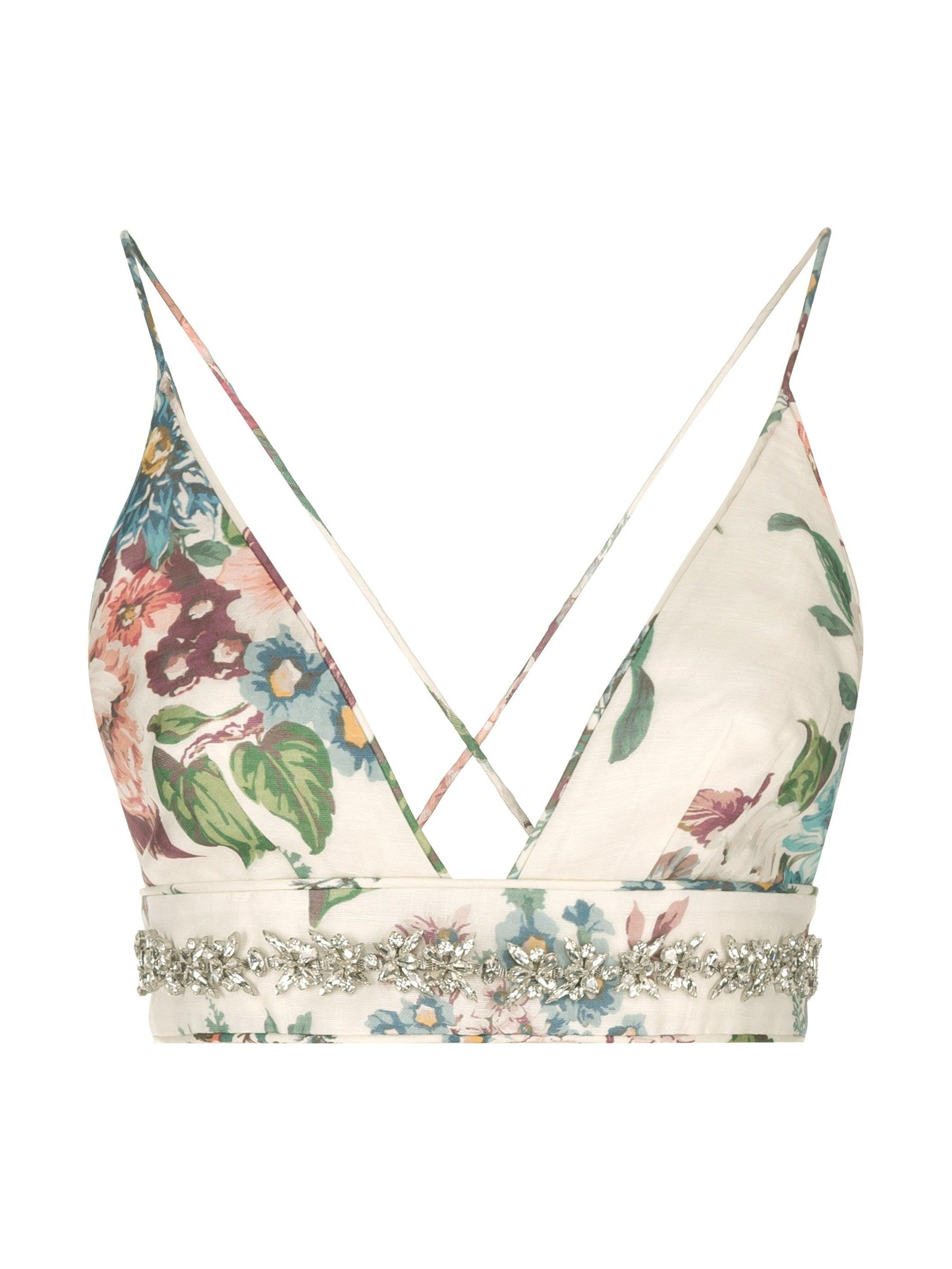 Floral Print Crystal Bralette & Ruffles Skirt Coord Set