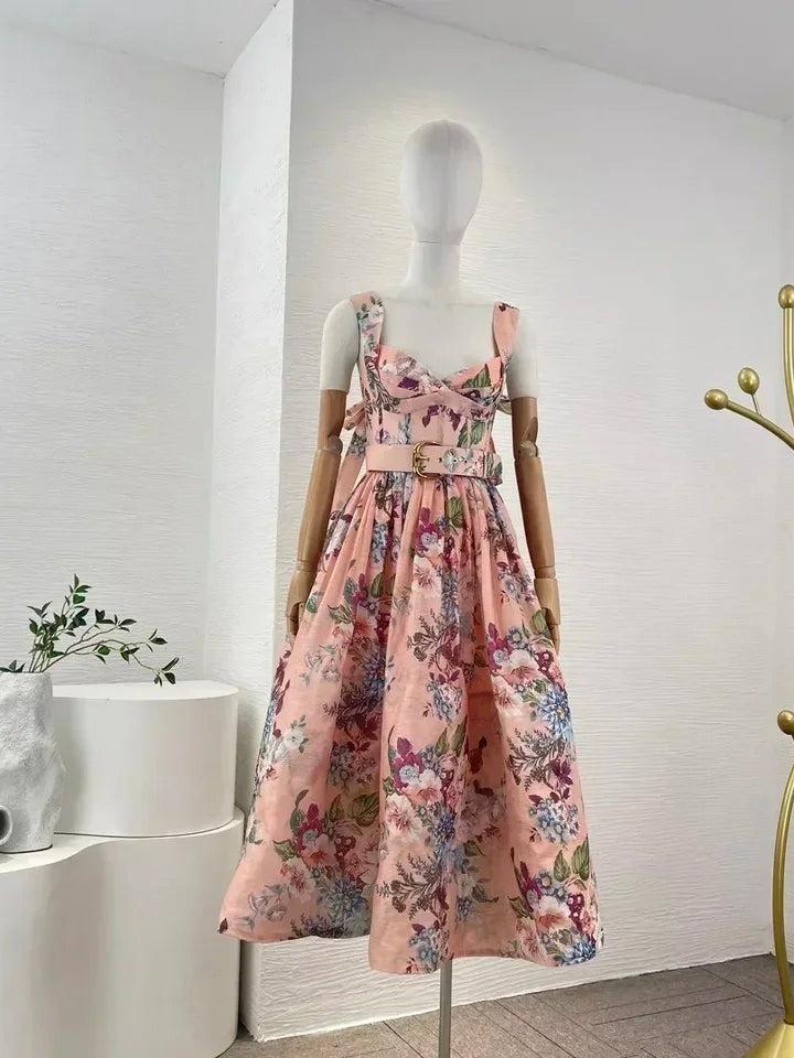 Floral Print Tied Strap Belt Dress