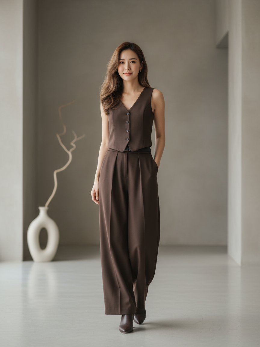 Waist Coat Vest & Wide Leg Pant With Belt Coord Set