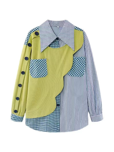 Striped Patchwork Blue Cotton Shirt Dress