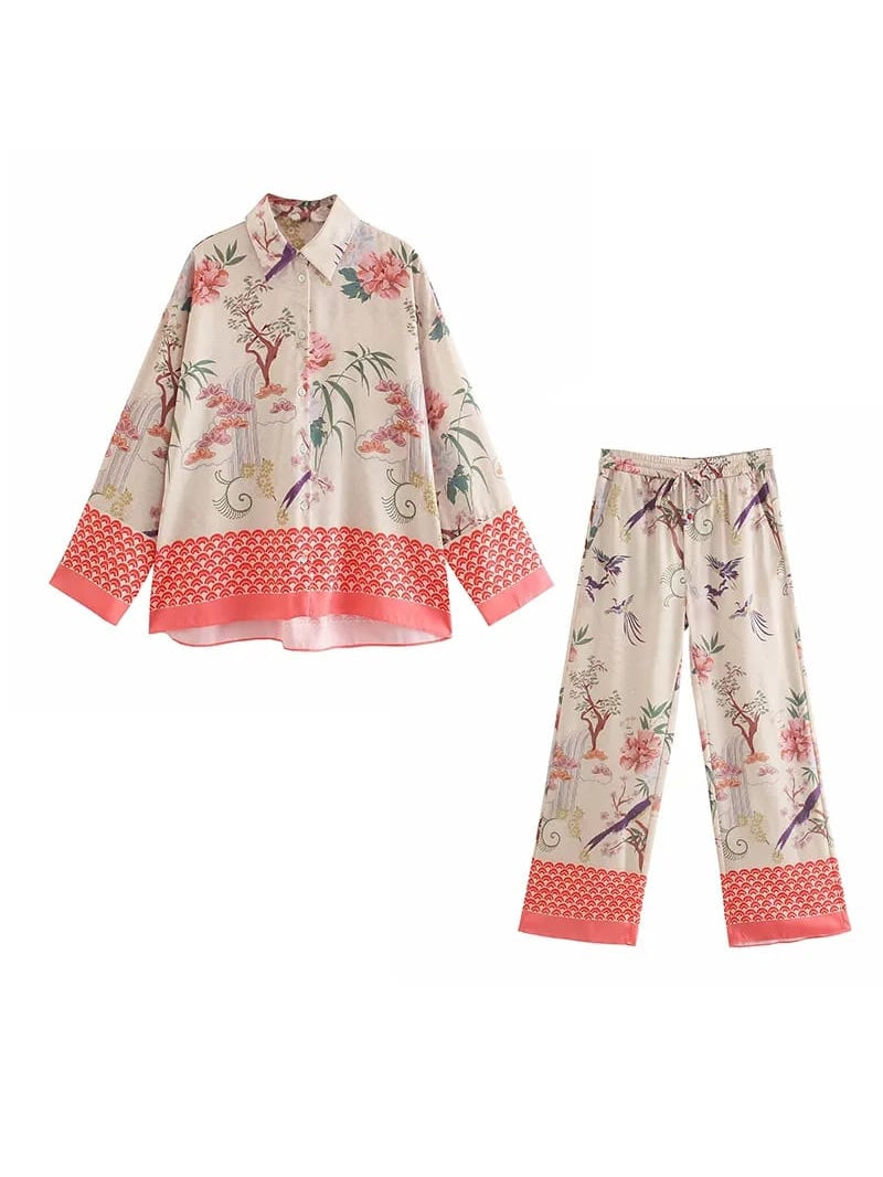 Floral Print Pink Skirt & Pants Coord Set