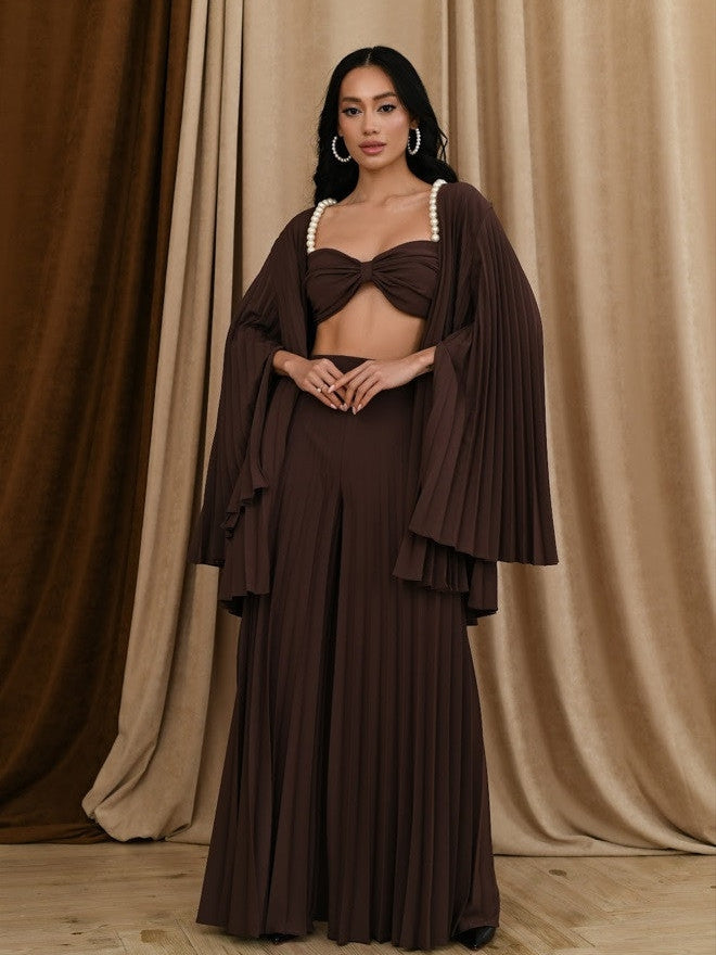 Pearl Koticim Bralette with Cape & Pants 3 Piece Set-Brown