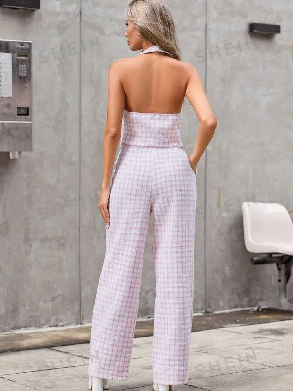 Pink Tweed Waist Coat & Wide Leg Pants Coord Set
