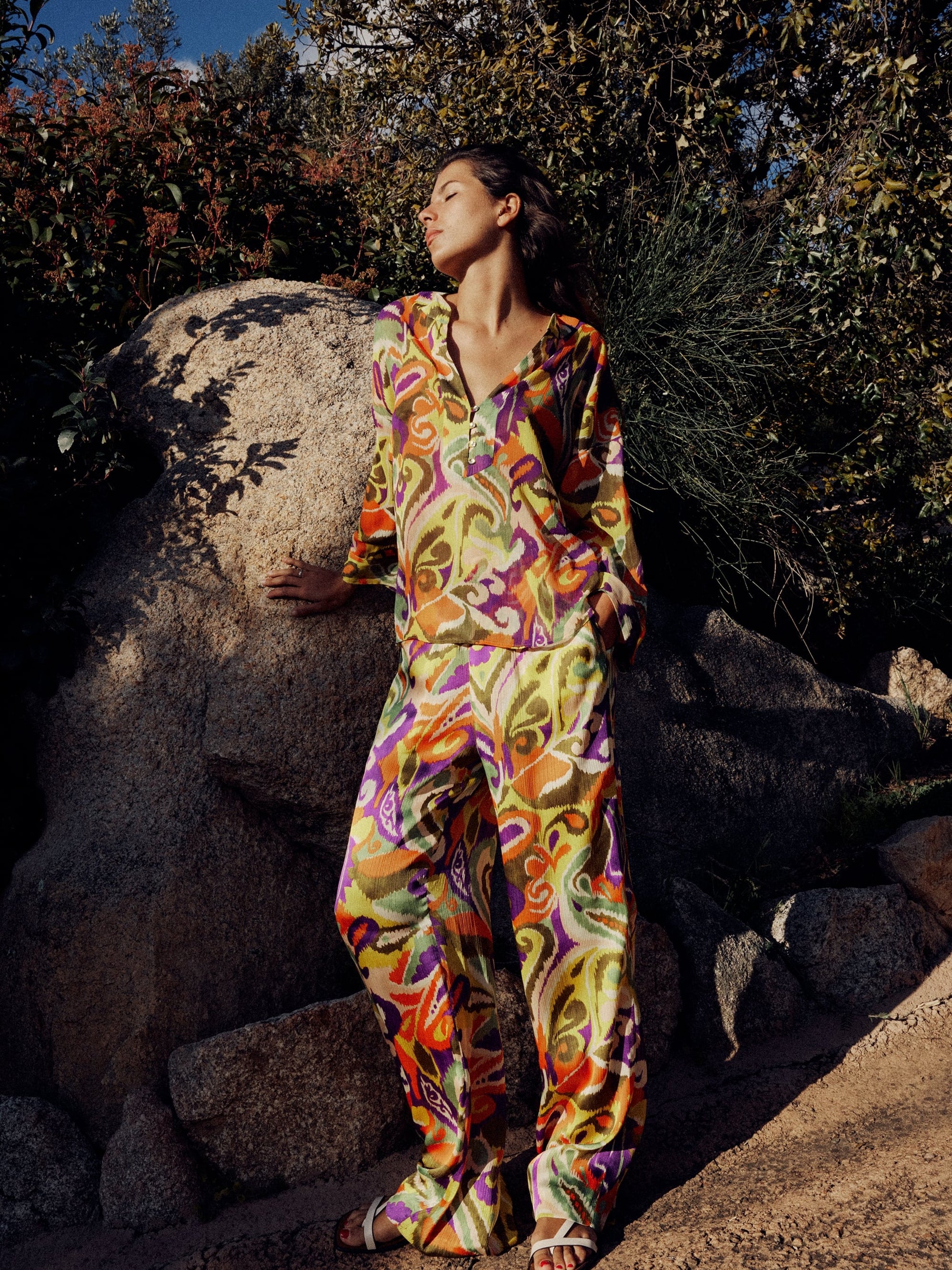 Abstract Print Shirt & Wide Leg Pants Coord Set