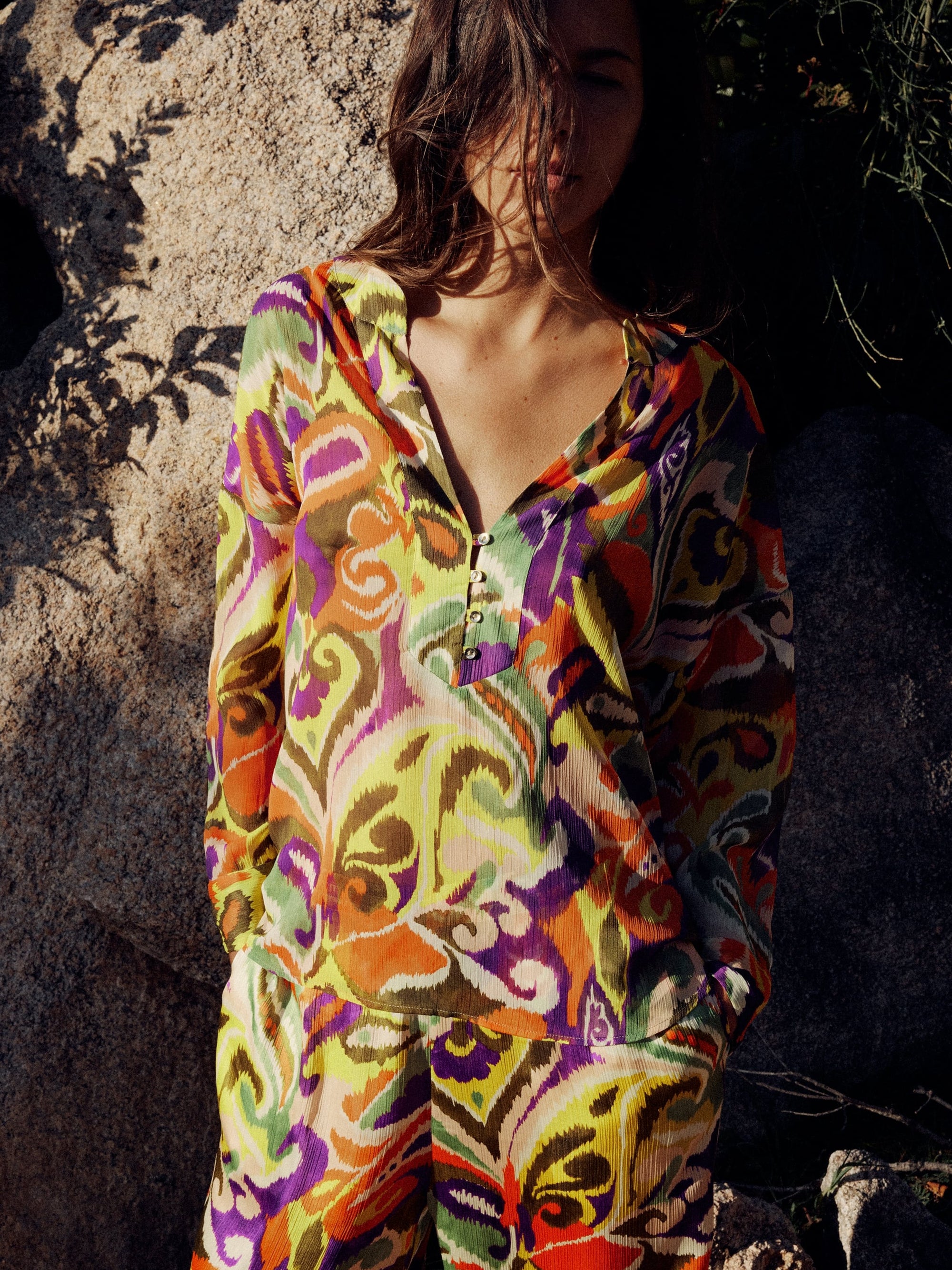 Abstract Print Shirt & Wide Leg Pants Coord Set