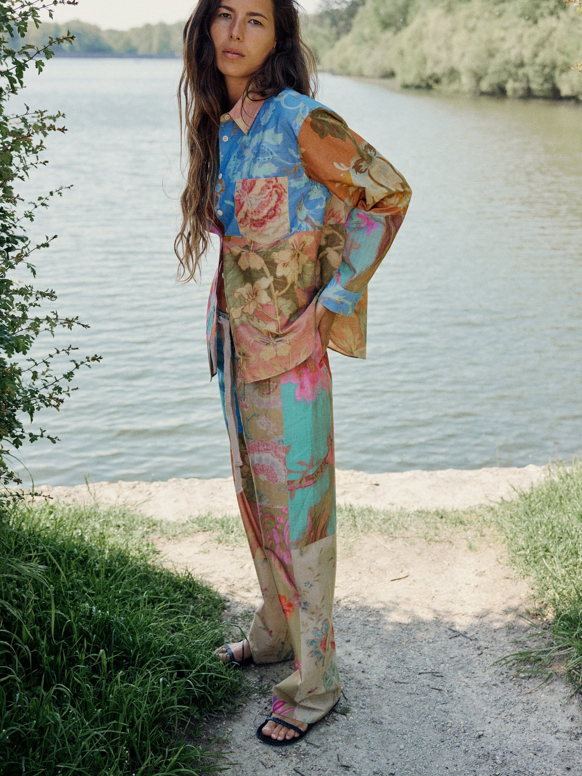 Abstract Print Shirt & Wide Leg Pants Coord Set