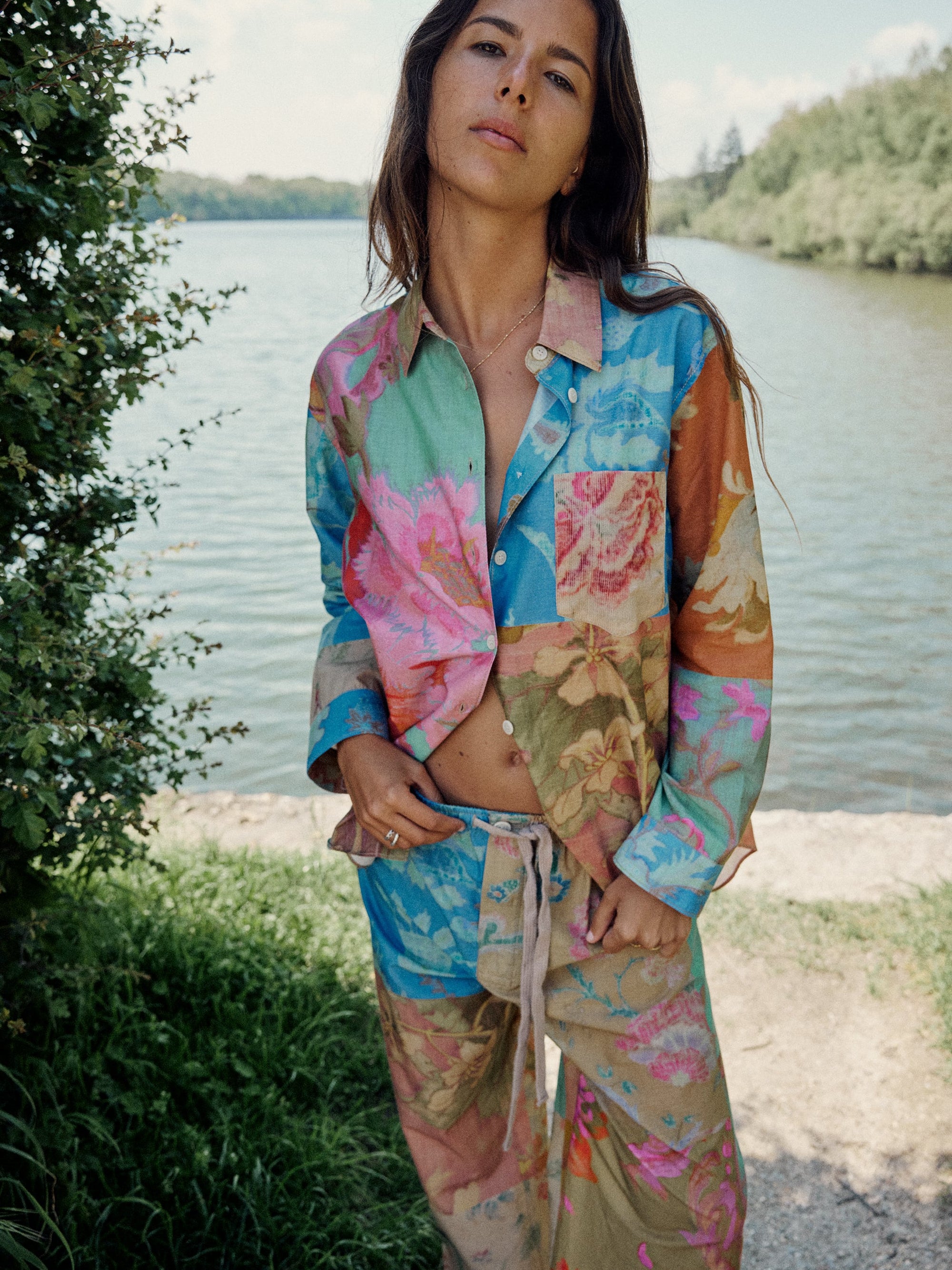 Abstract Print Shirt & Wide Leg Pants Coord Set