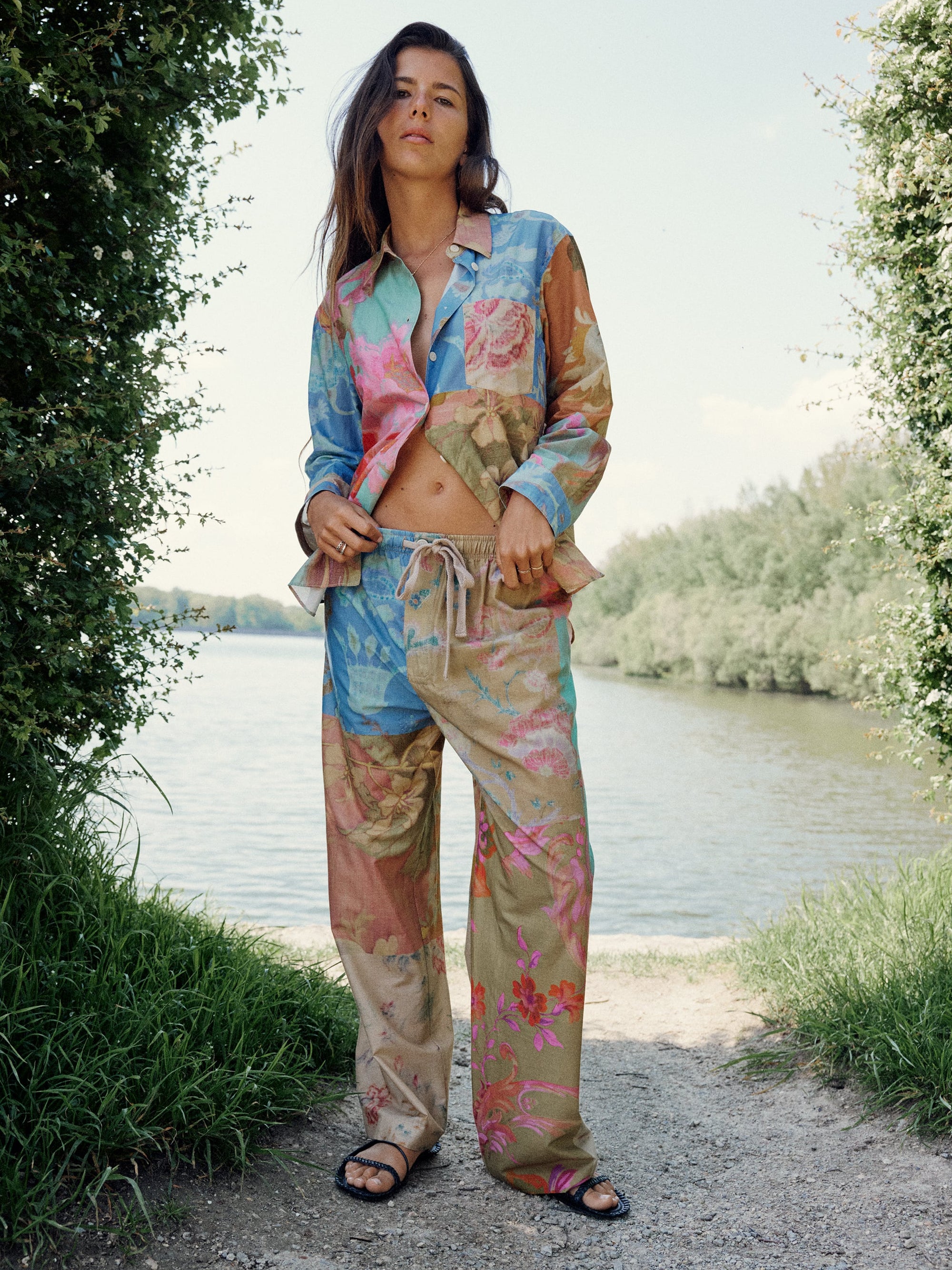 Abstract Print Shirt & Wide Leg Pants Coord Set