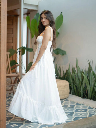 Tied Spaghetti Strap Corset Flare Maxi Dress, EXCLUSIVES white dress on sale